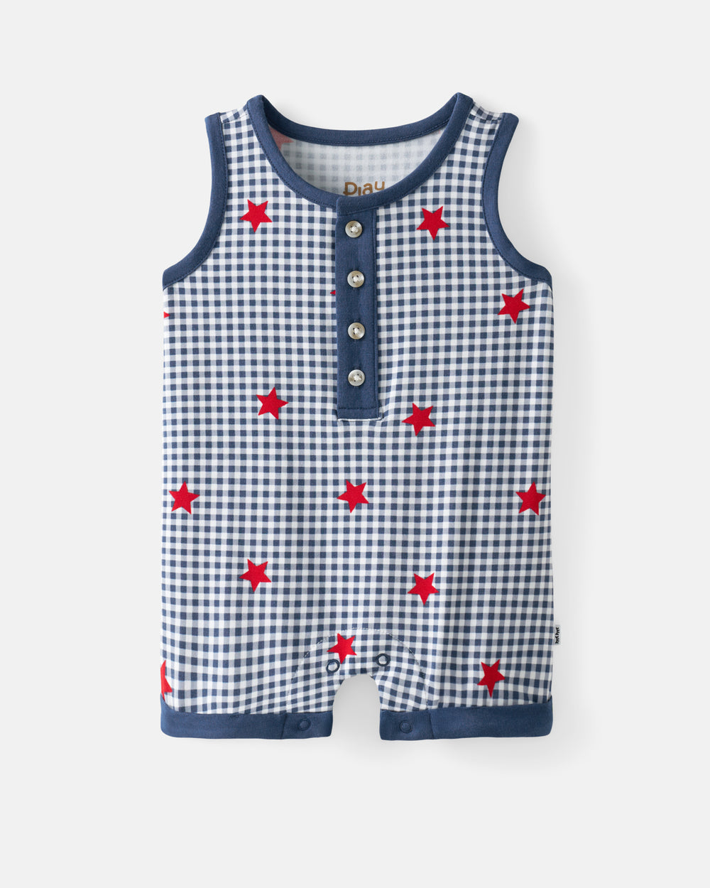 Flat lay of the Blue Ribbon Gingham Henley Romper