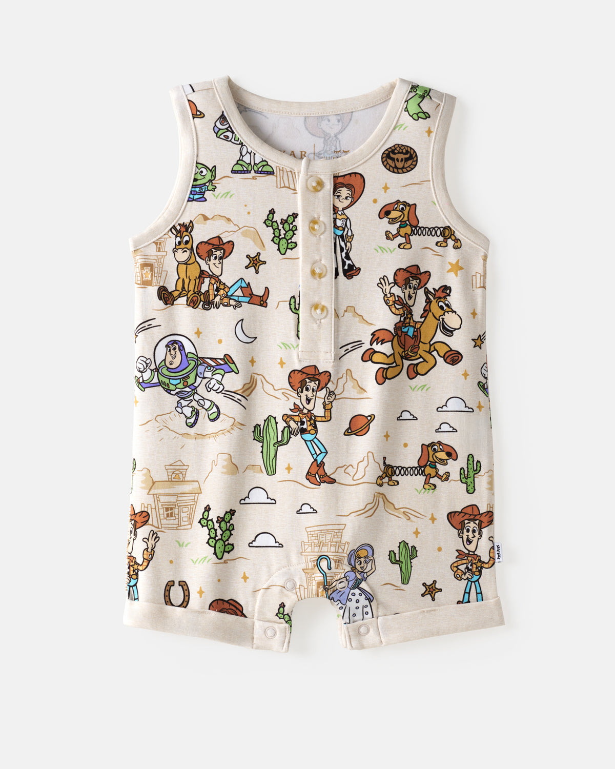 Flat lay of the Disney & Pixar Woody's Wild West Henley Romper