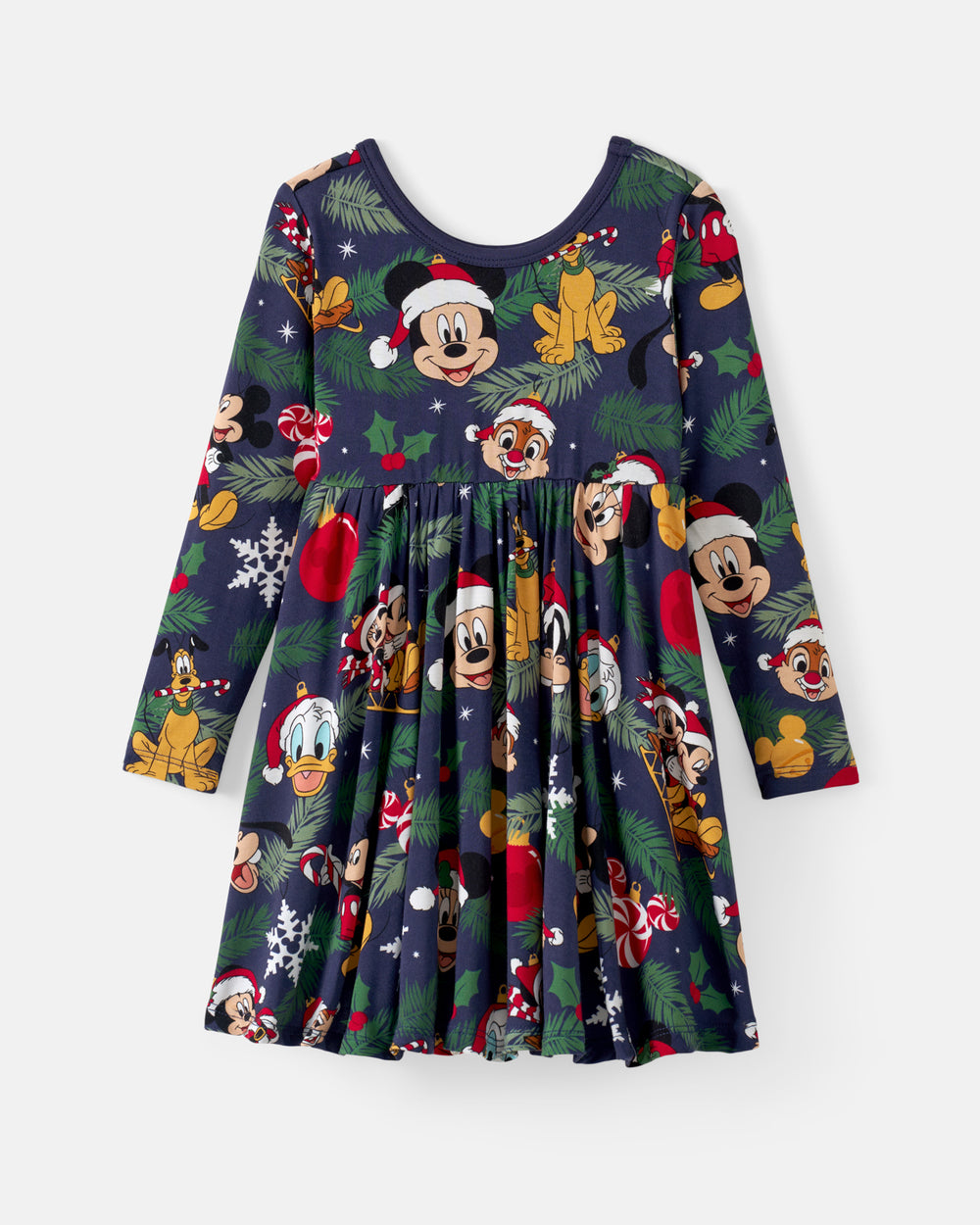 A long-sleeve children's dress featuring a festive Christmas print with Mickey Mouse, Minnie Mouse, Santa Claus, pine trees, snowflakes, and holiday ornaments on a dark navy background.