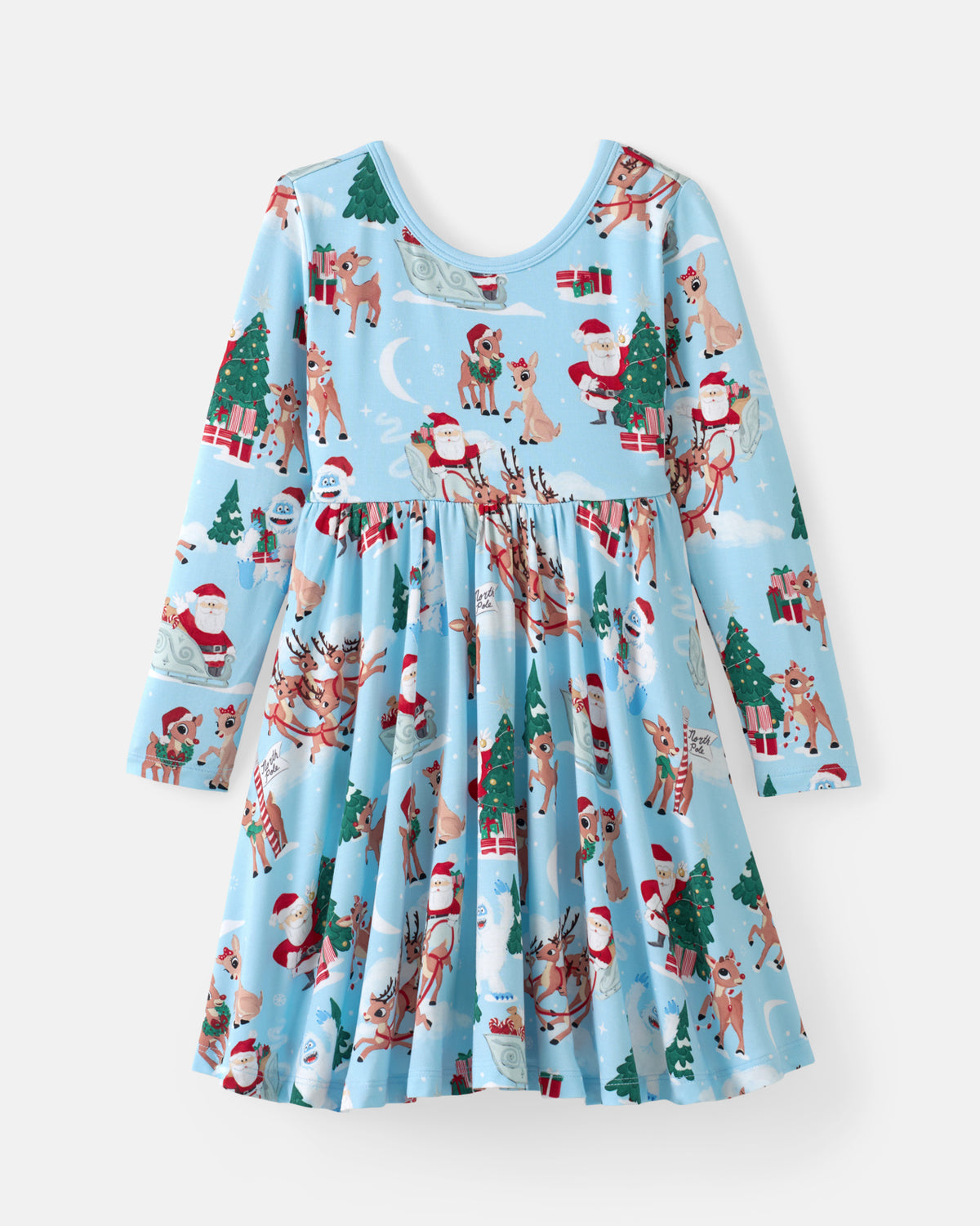 A light blue long-sleeve baby dress with a festive Christmas print featuring Santa Claus, reindeer, Christmas trees, and snowflakes, displayed on a clean white background.