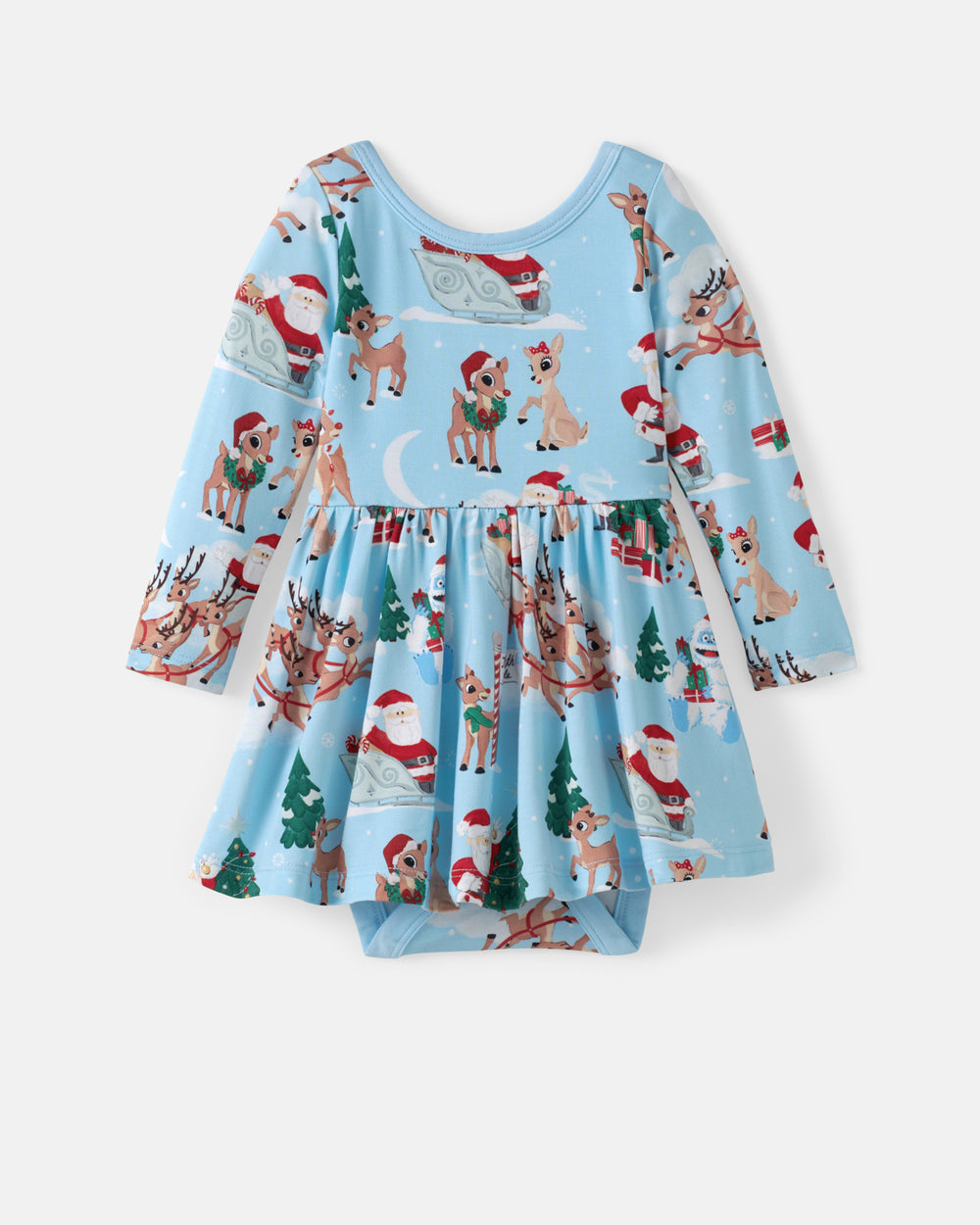 Flat lay of the Rudolph's Snowy Adventure Twirl Dress with Bodysuit