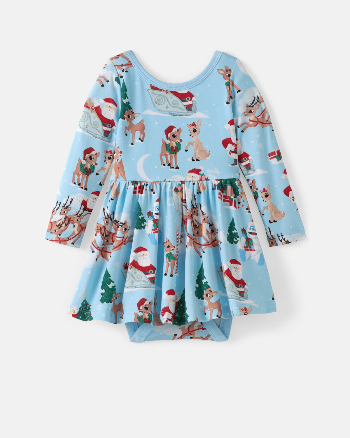 Flat lay of the Rudolph's Snowy Adventure Twirl Dress with Bodysuit