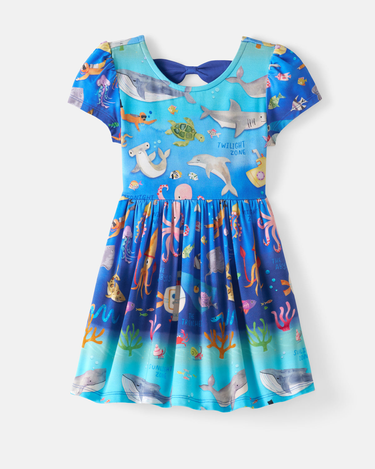 Flat lay of the front of the Underwater Discovery Bow Back Skater Dress-flat