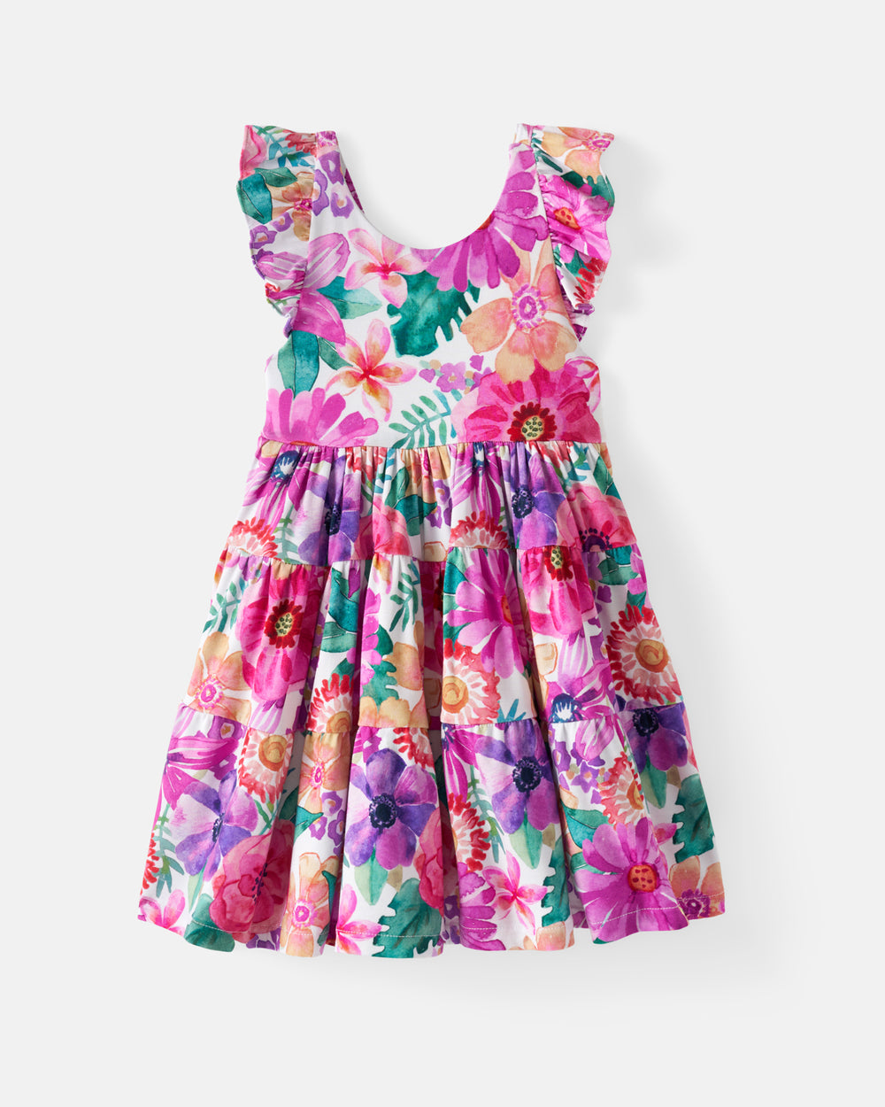 Flat lay of the Hibiscus Blooms Tiered Flutter Dress