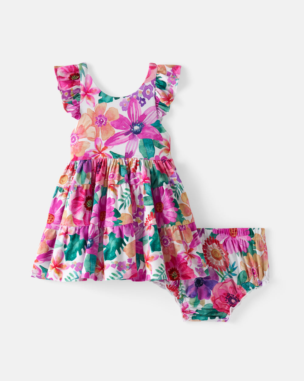 Flat lay of the Hibiscus Blooms Tiered Flutter Dress with Bloomer