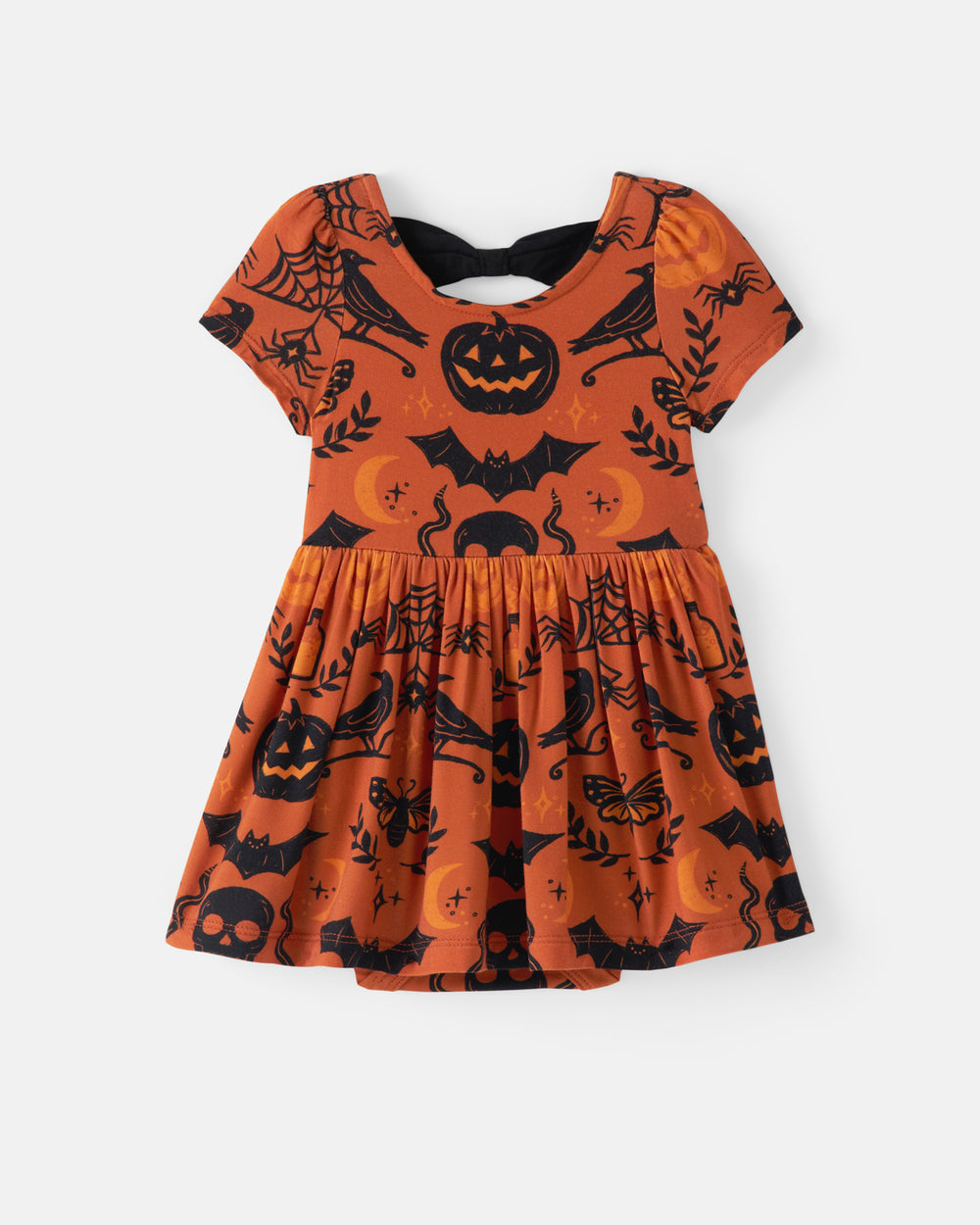 Flat lay of the Midnight Mischief Bow Back Skater Dress with Bodysuit