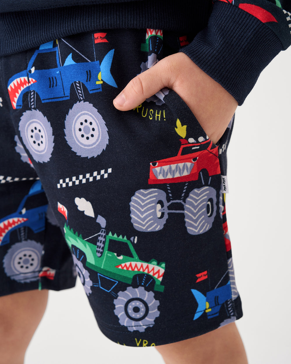 Close up of the pocket detail on the Monster Truck Madness Drawstring Shorts