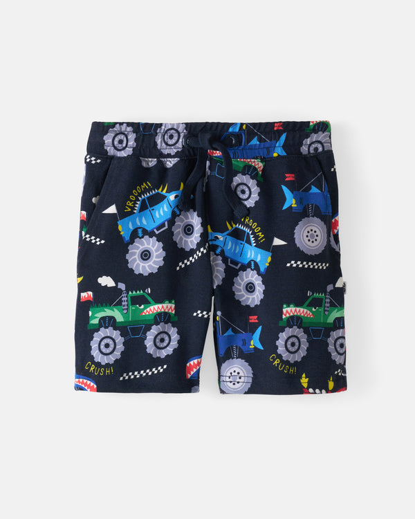 Flat lay of the Monster Truck Madness Drawstring Shorts