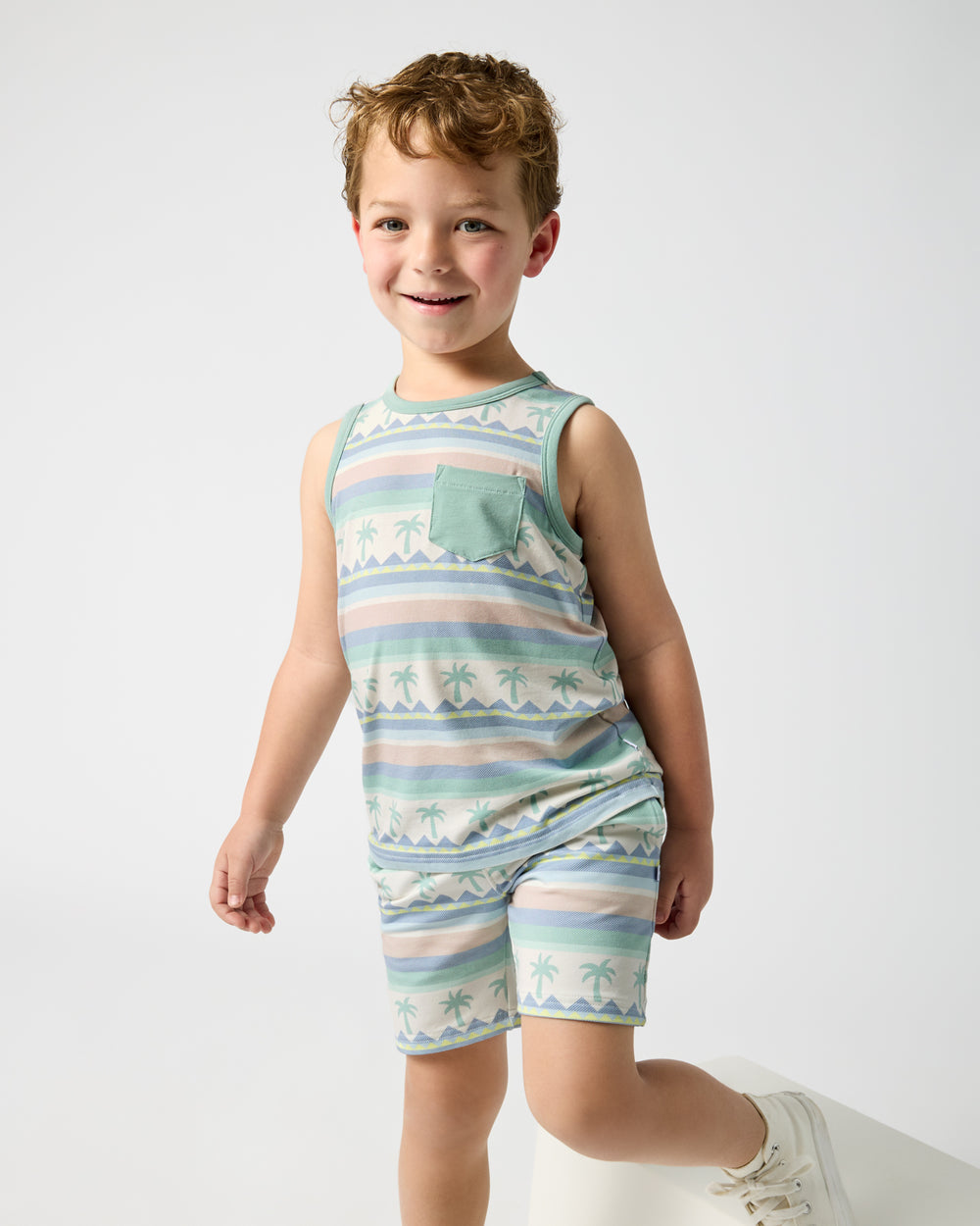 Alternate boy wearing the Swell Stripes Pocket Tank and Drawstring Shorts