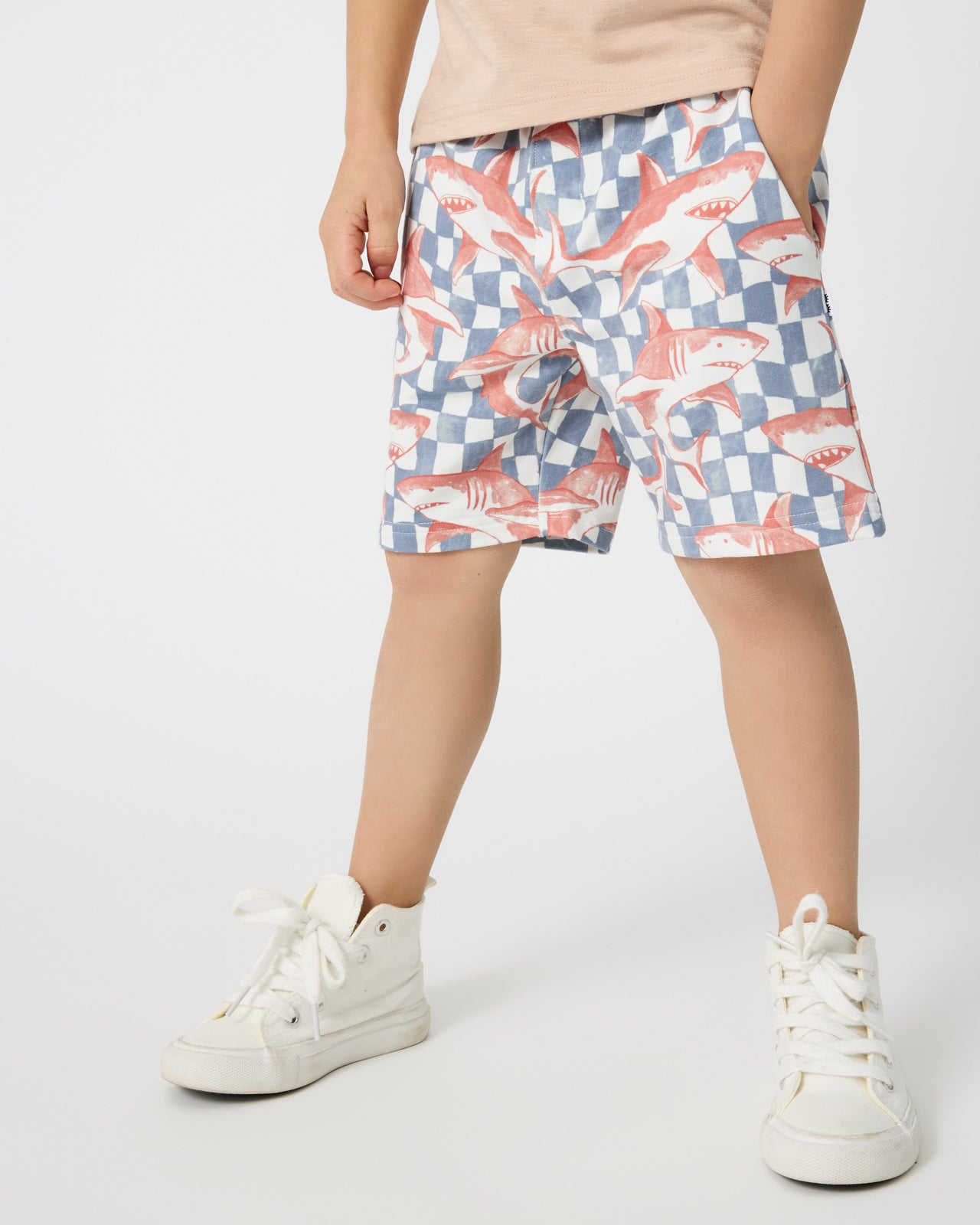 Front view of bow wearing the Shark Fin Checks Drawstring Shorts