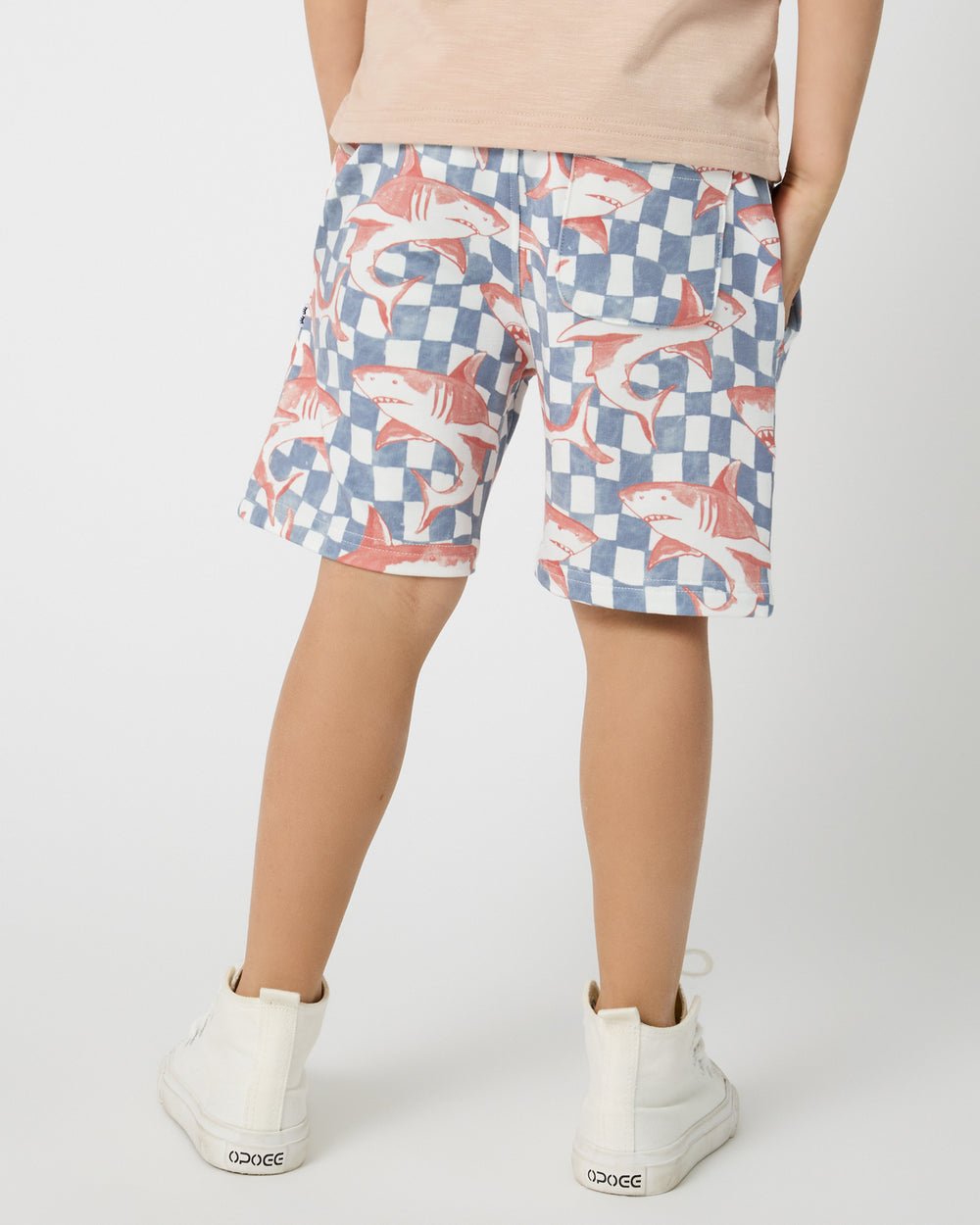 Back view of boy wearing the Shark Fin Checks Drawstring Shorts