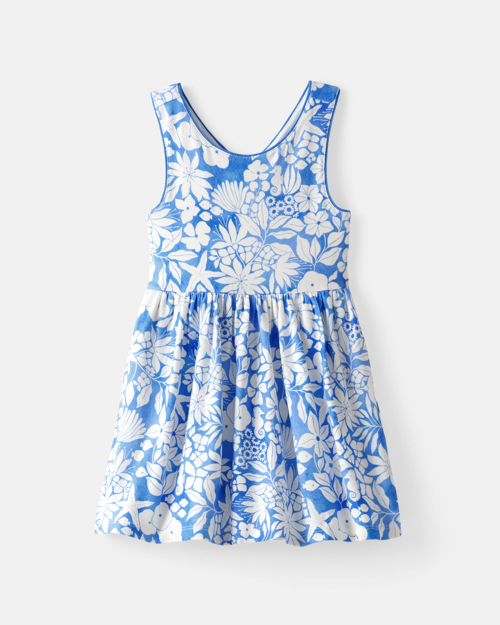 Flat lay of the front of the Azure Garden Cross Back Skater Dress