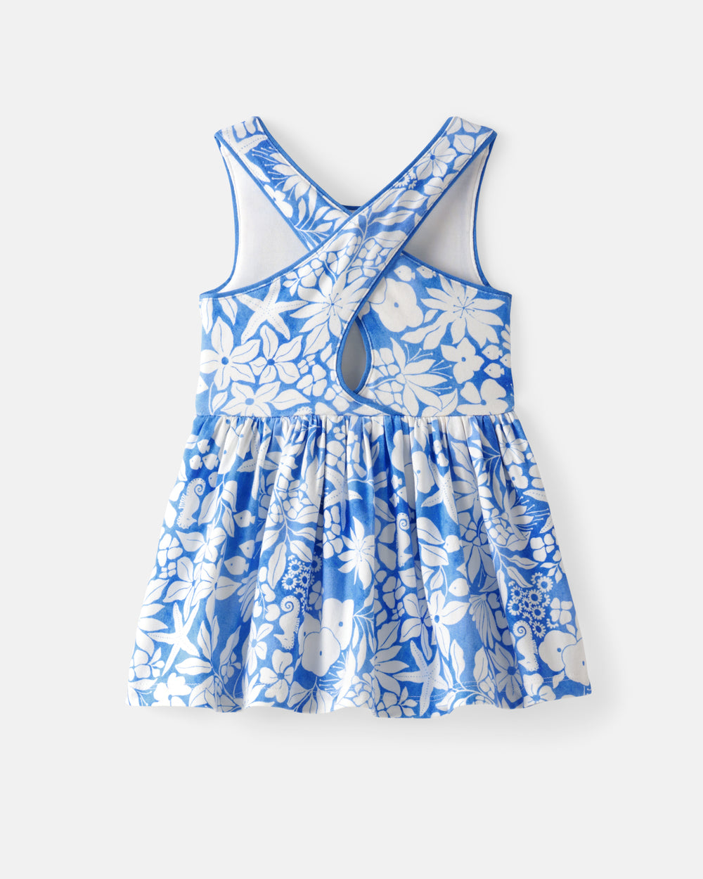 Flat lay of the back of the Azure Garden Cross Back Skater Dress with Bloomer