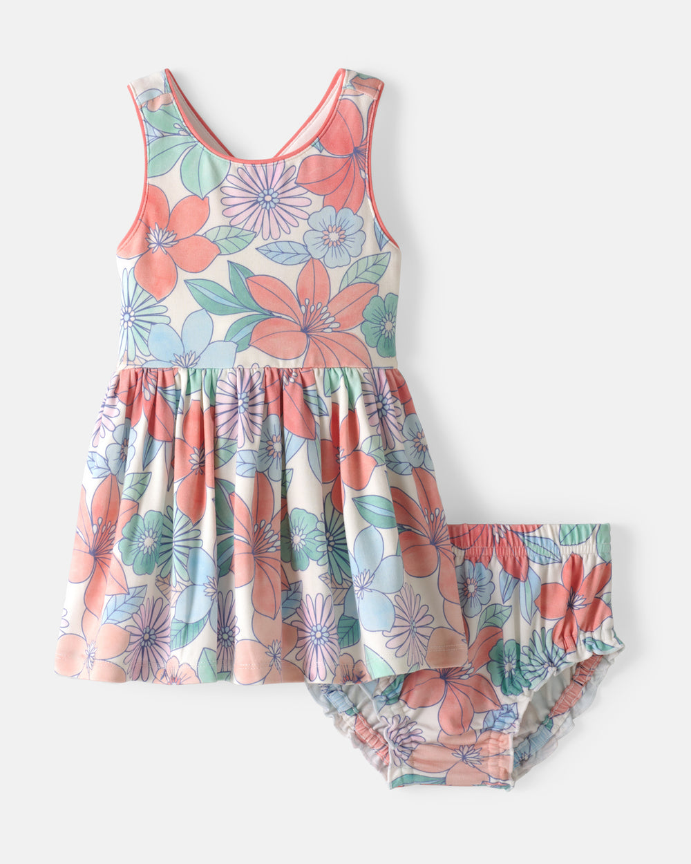 Flat lay of the front of the Shoreline Blooms Cross Back Skater Dress with Bloomer