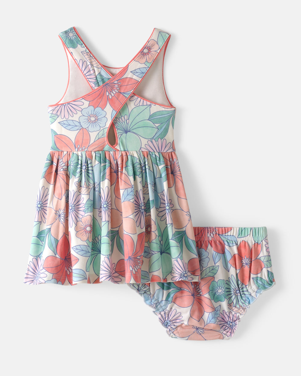 Flat lay of the back of the Shoreline Blooms Cross Back Skater Dress with Bloomer
