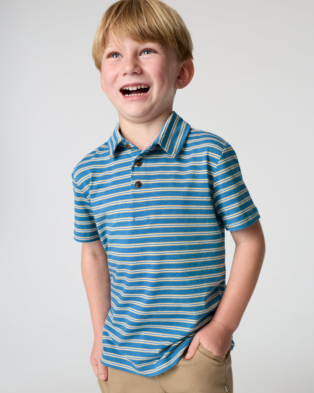 Boy wearing the Jay Blue Heather Stripes Polo Shirt