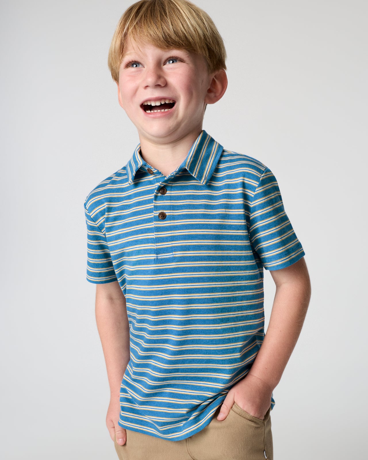 Boy wearing the Jay Blue Heather Stripes Polo Shirt