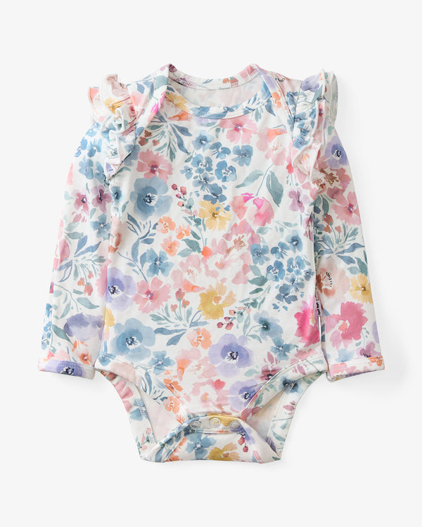 Flat lay of the Tiny Blooms Flutter Bodysuit