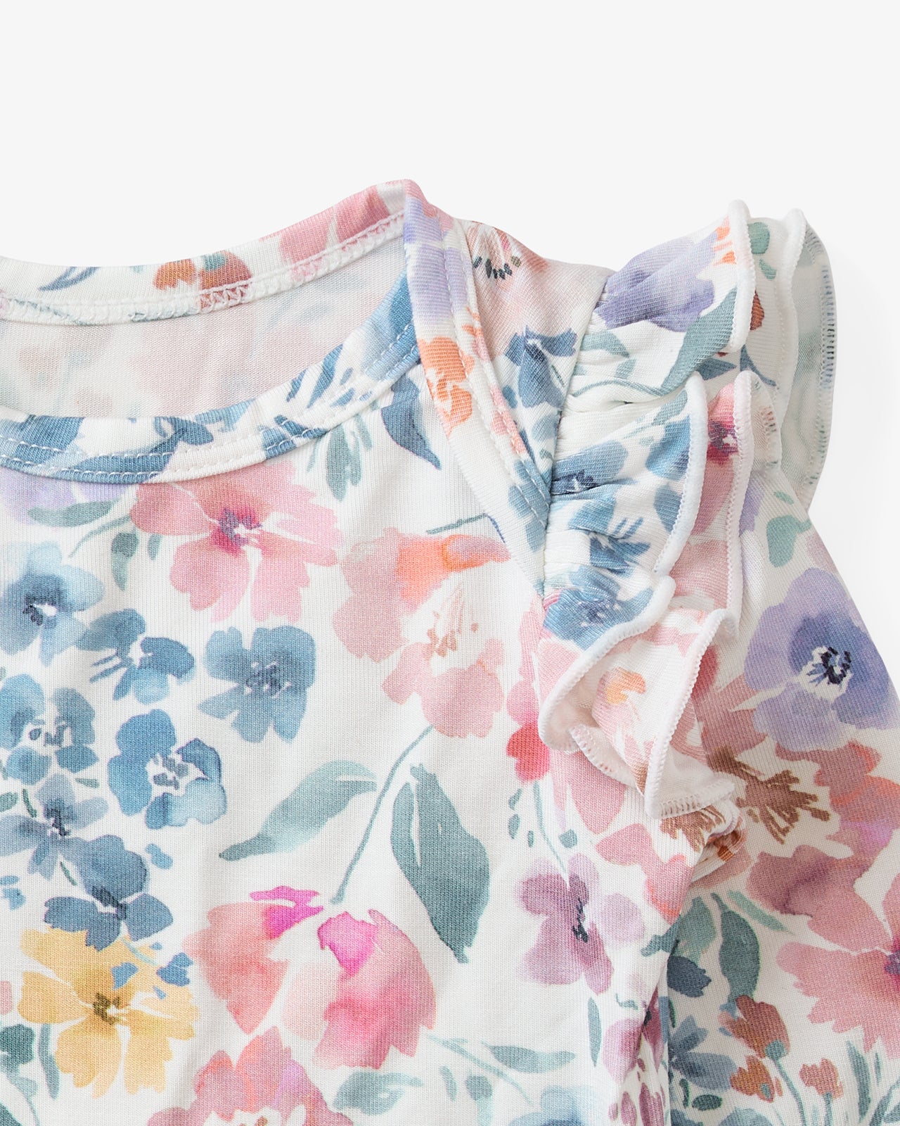 Close up of the flutter detail on the Tiny Blooms Flutter Bodysuit