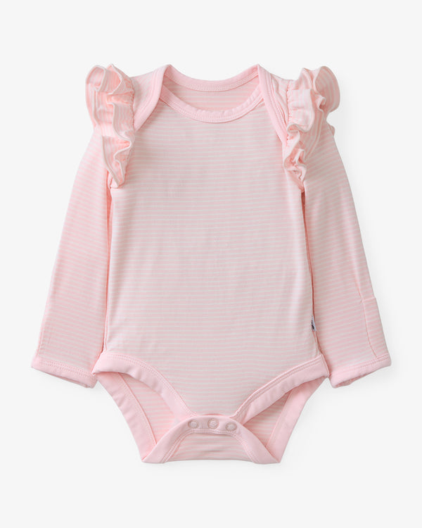 Flat lay of the Prima Pink Stripe Flutter Bodysuit