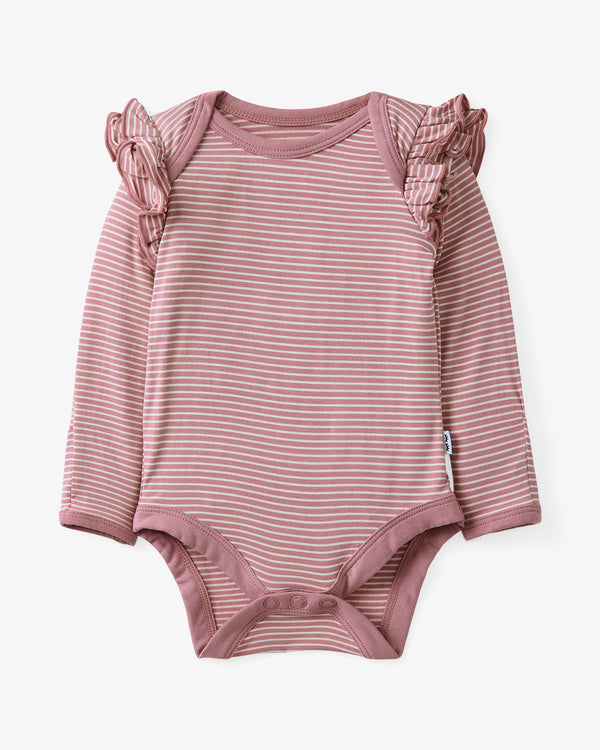 Flat lay of the Rosewood Stripe Flutter Bodysuit