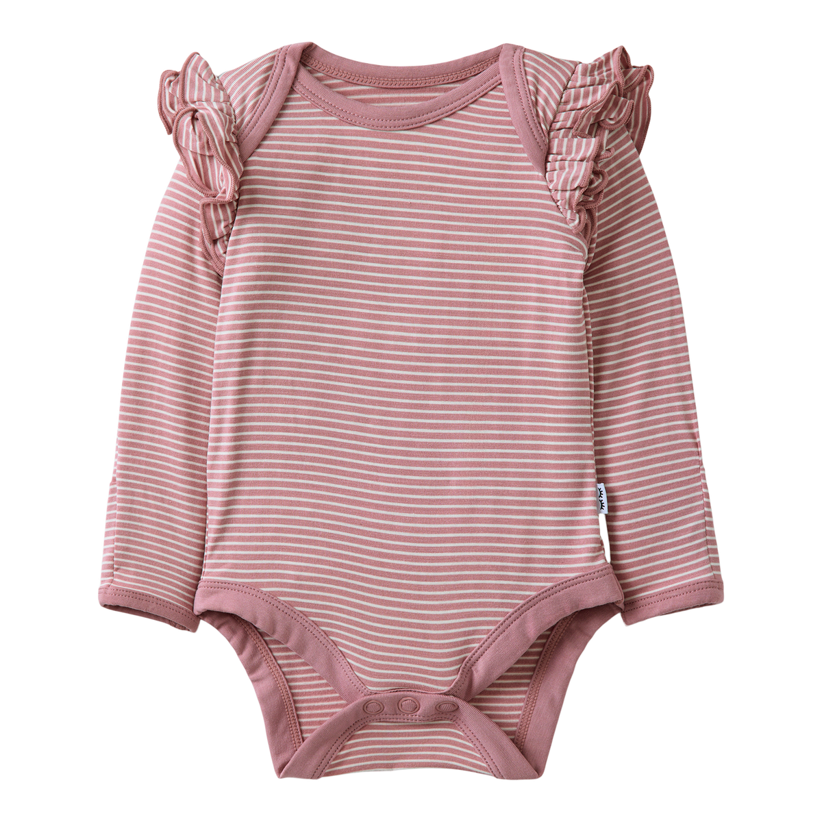 Pink and white striped baby bodysuit with ruffled shoulders on a white background