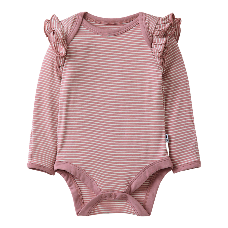 Pink and white striped baby bodysuit with ruffled shoulders on a white background