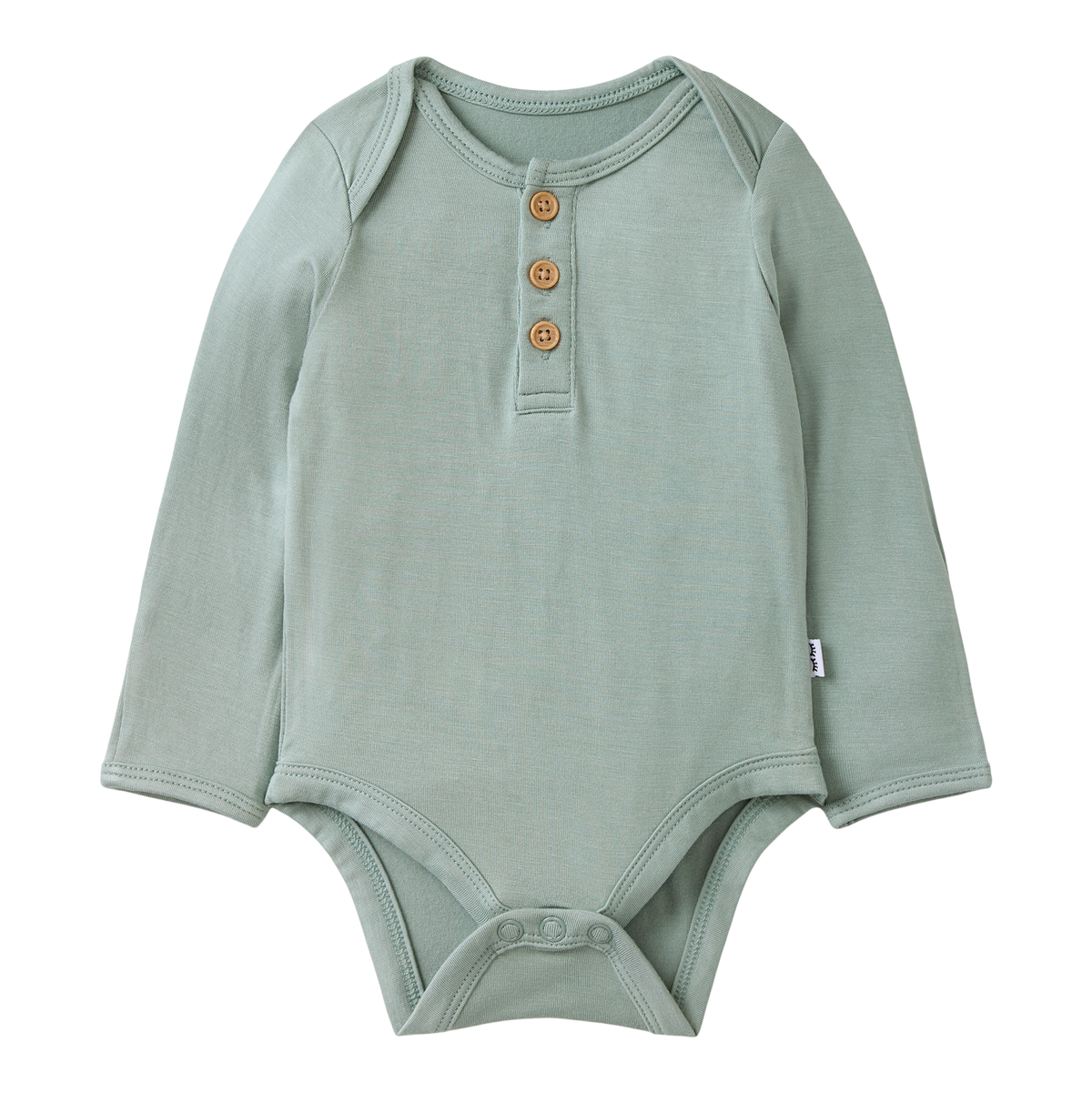 Green baby bodysuit with buttons on a white background