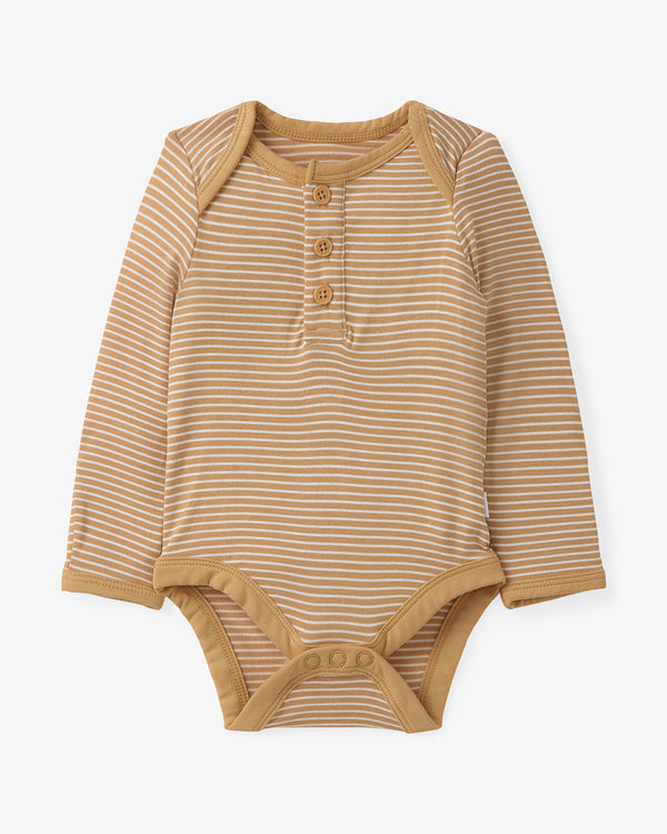 Flat lay of the Hazel Wood Stripe Henley Bodysuit