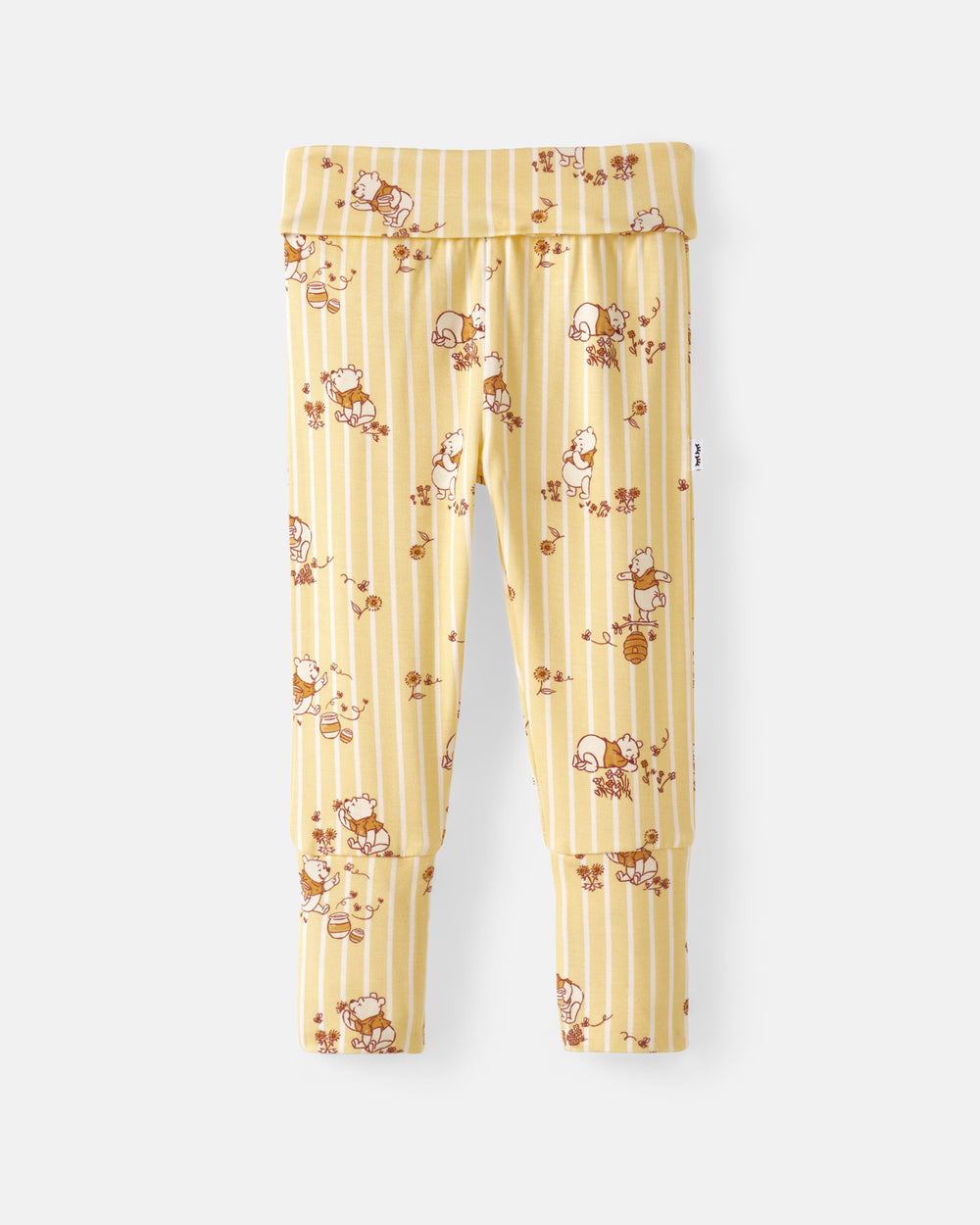 Yellow children's leggings with vertical stripes and a brown cartoon animal print, shown flat against a light gray background.
