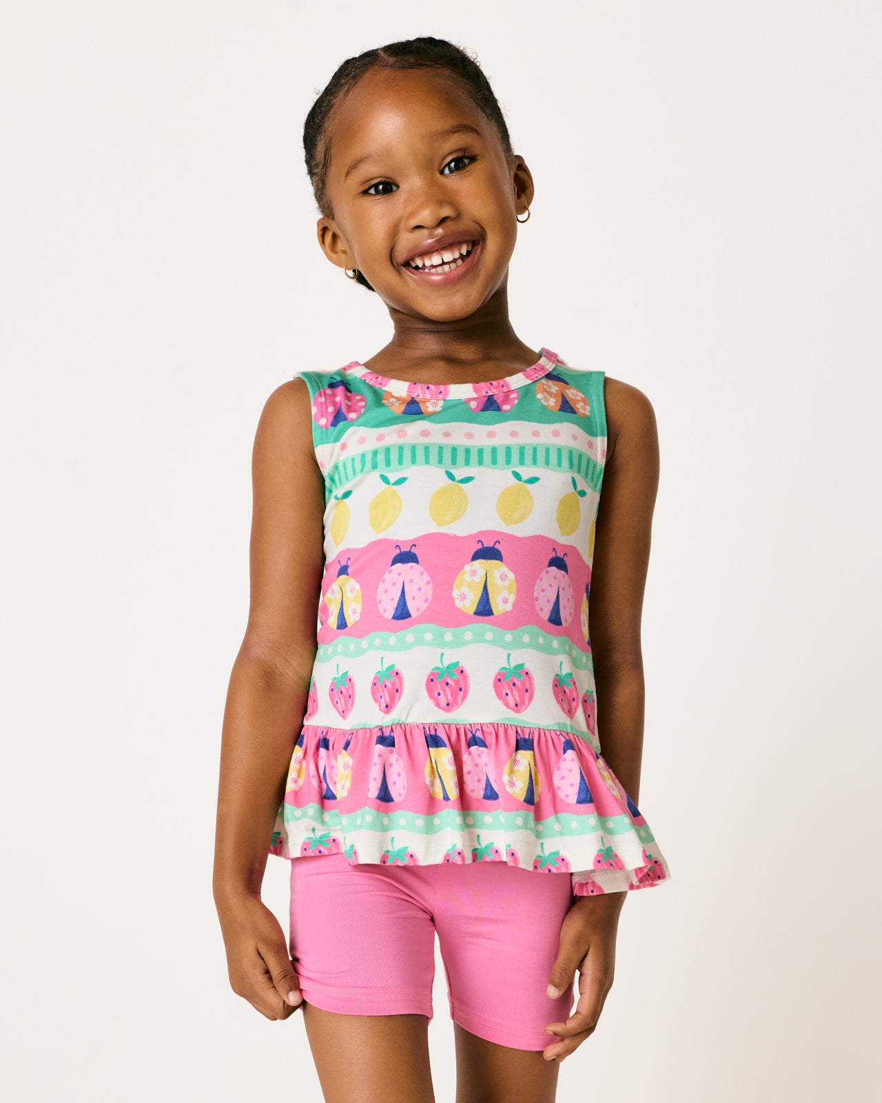 Alternate girl wearing the Ladybug Lane Peplum Tank