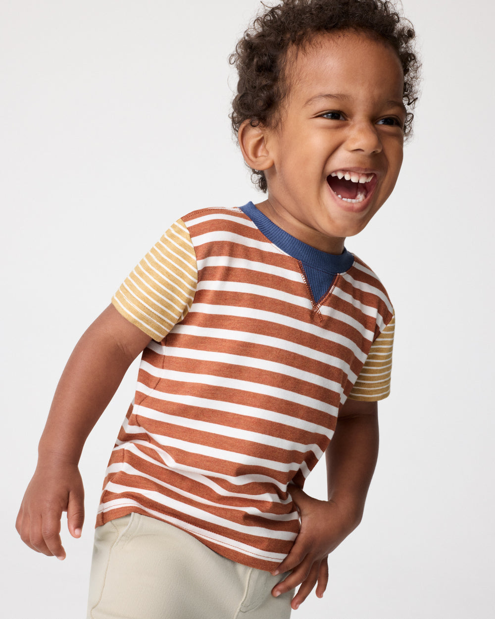 Boy wearing the Golden Amber Heather Stripe Relaxed Tee