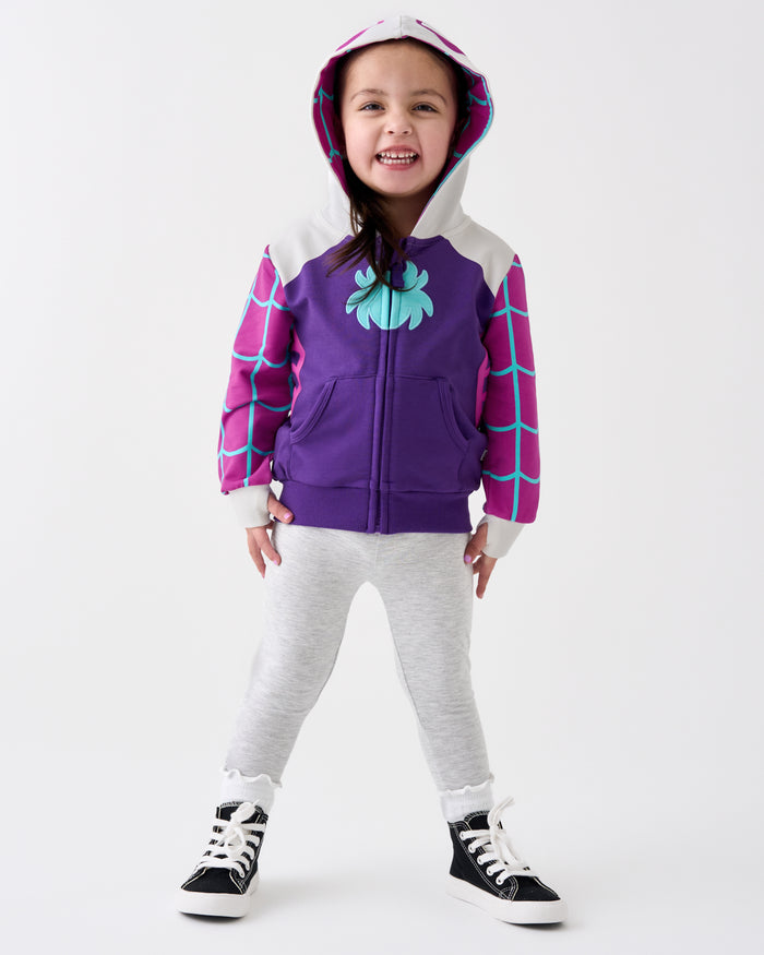Girl wearing the Ghost Spidey Zip Hoodie with gray leggings