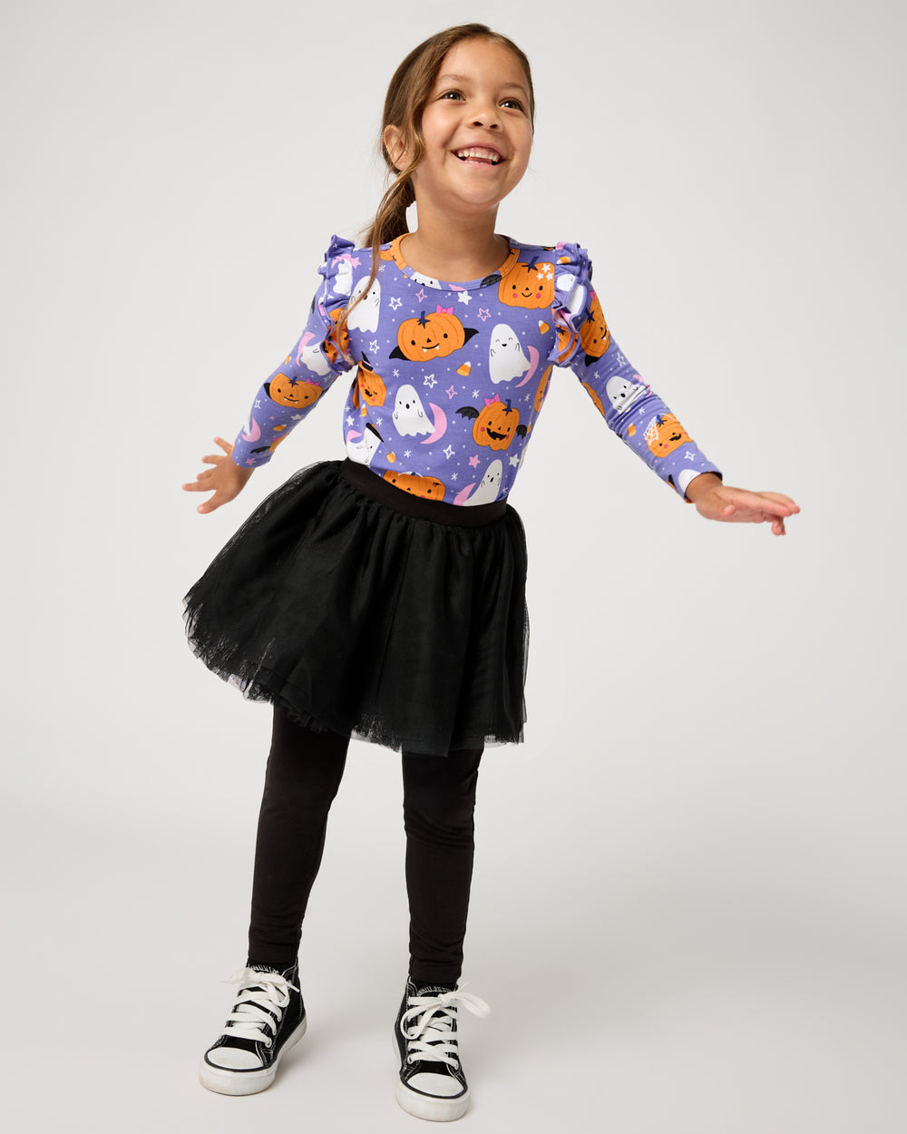 Girl wearing the Black Tutu Legging with a halloween top
