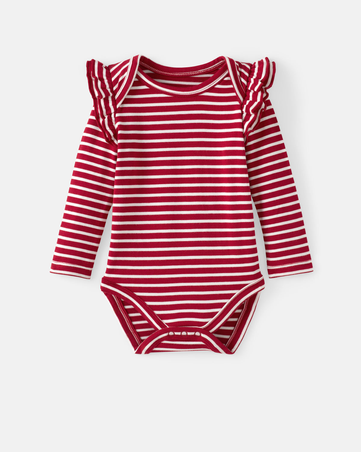 A baby long-sleeve bodysuit with red and white horizontal stripes, featuring ruffled shoulder details and a snap closure at the crotch, shown on a light gray background.