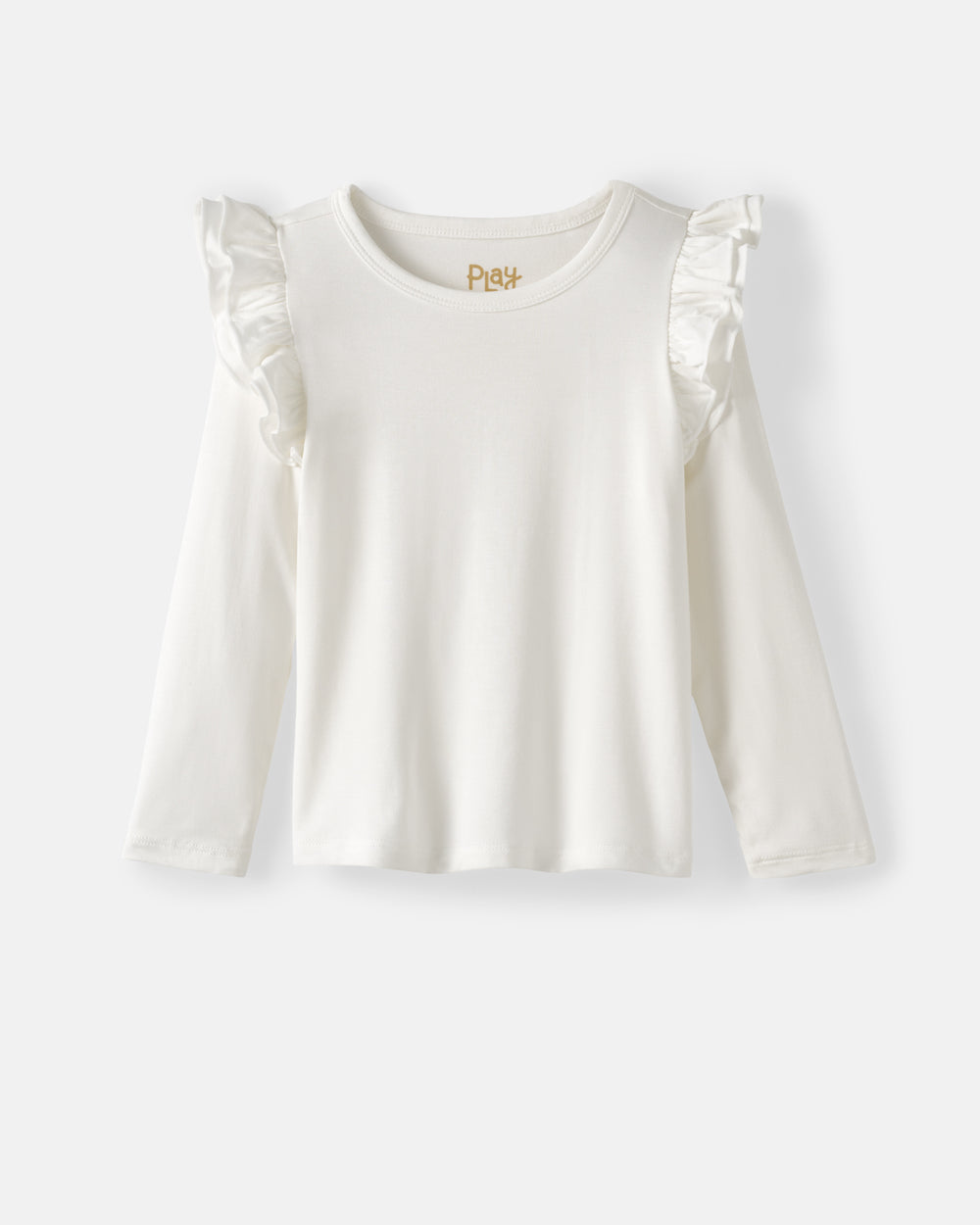 An off-white long-sleeve top for toddlers, featuring ruffled shoulder details, displayed against a light gray background.