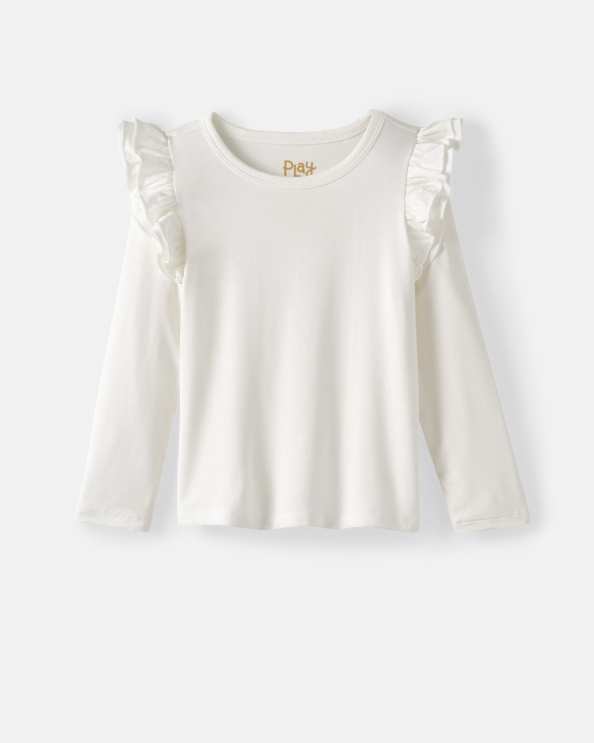 An off-white long-sleeve top for toddlers, featuring ruffled shoulder details, displayed against a light gray background.