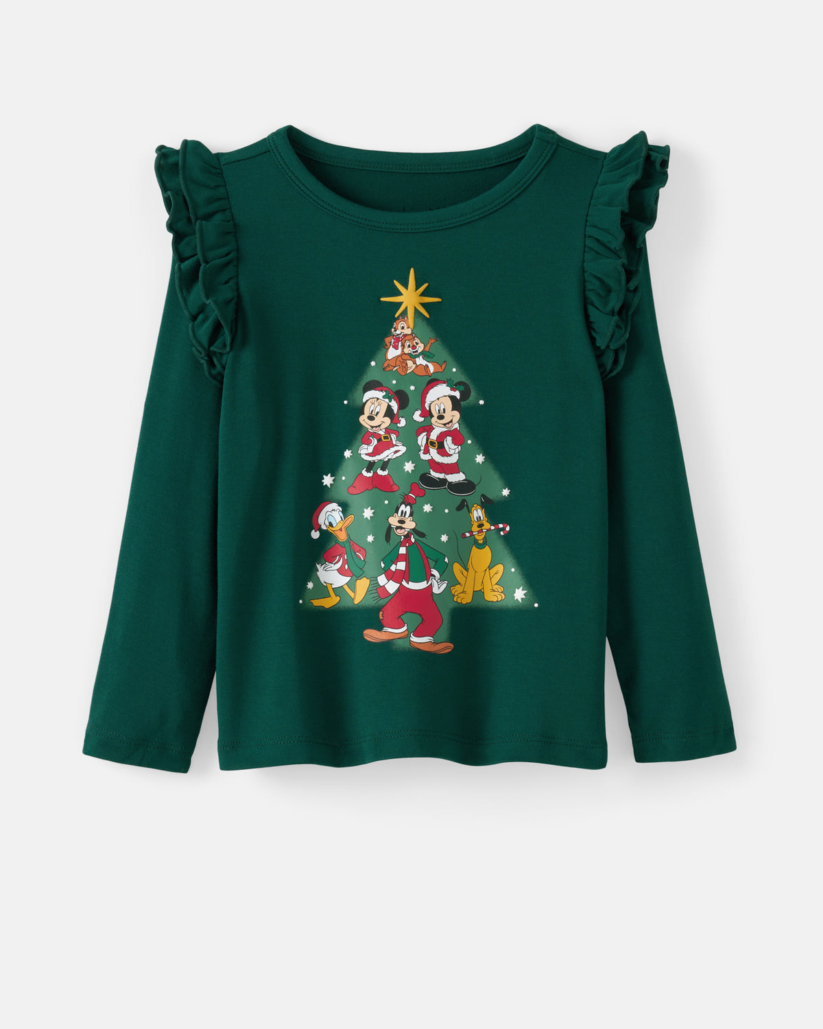 A dark green long-sleeve top for girls featuring a festive Christmas tree graphic on the front with Disney characters dressed in Santa outfits, set against a plain light gray background.