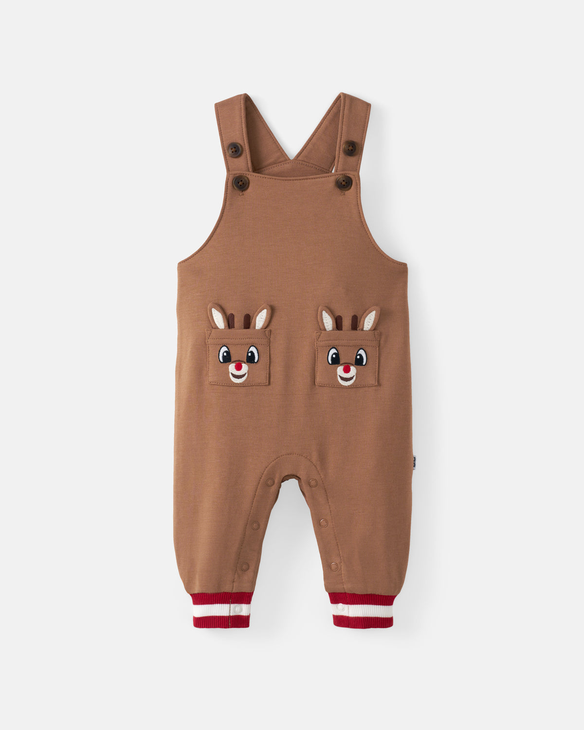 A baby romper in a warm brown/tan color, featuring two front pockets with embroidered animal faces and red and white striped cuffs, shown against a light gray background.