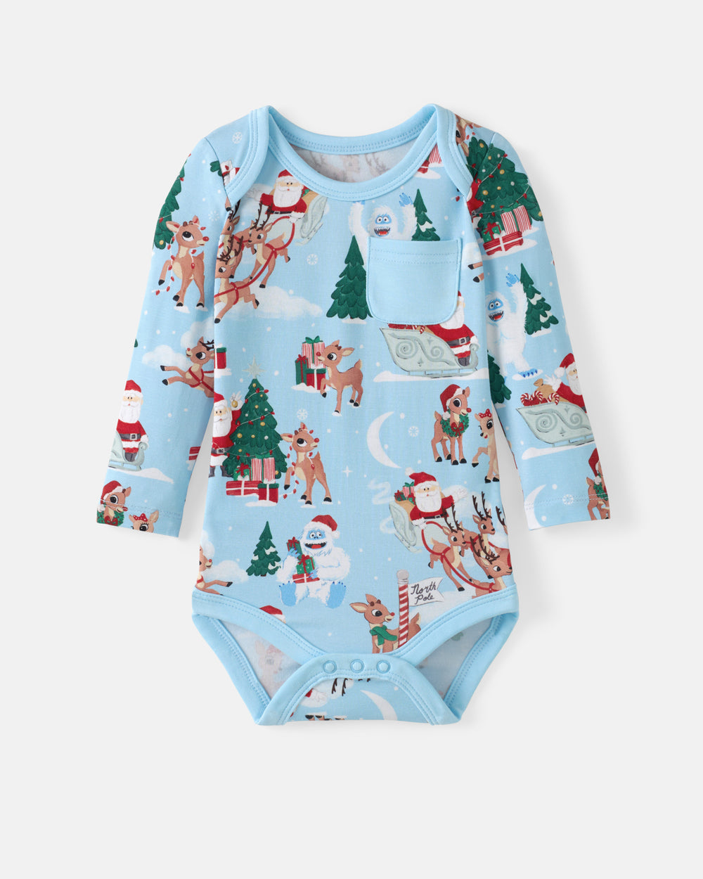 A light blue long-sleeve baby bodysuit with a festive Christmas print featuring Santa Claus, reindeer, snowman, Christmas trees, and sleighs, displayed flat against a light gray background.