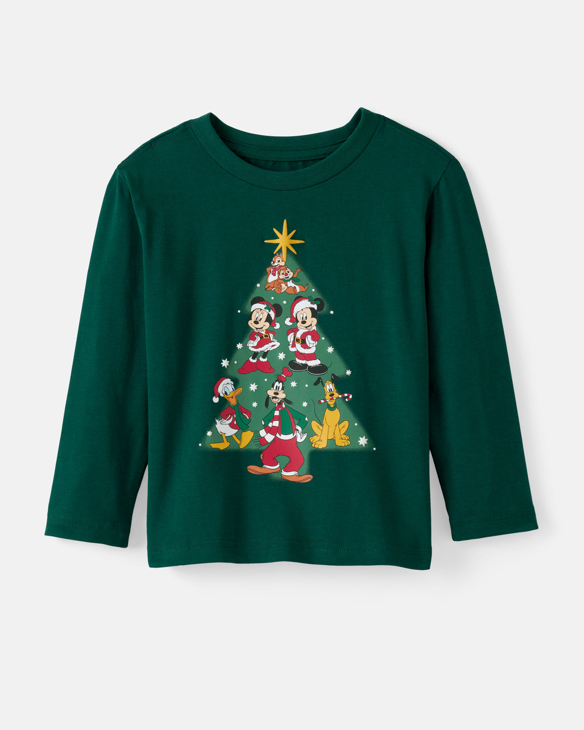 A dark green long-sleeve crewneck shirt featuring a colorful graphic of Disney characters decorating a Christmas tree, shown against a light gray background.
