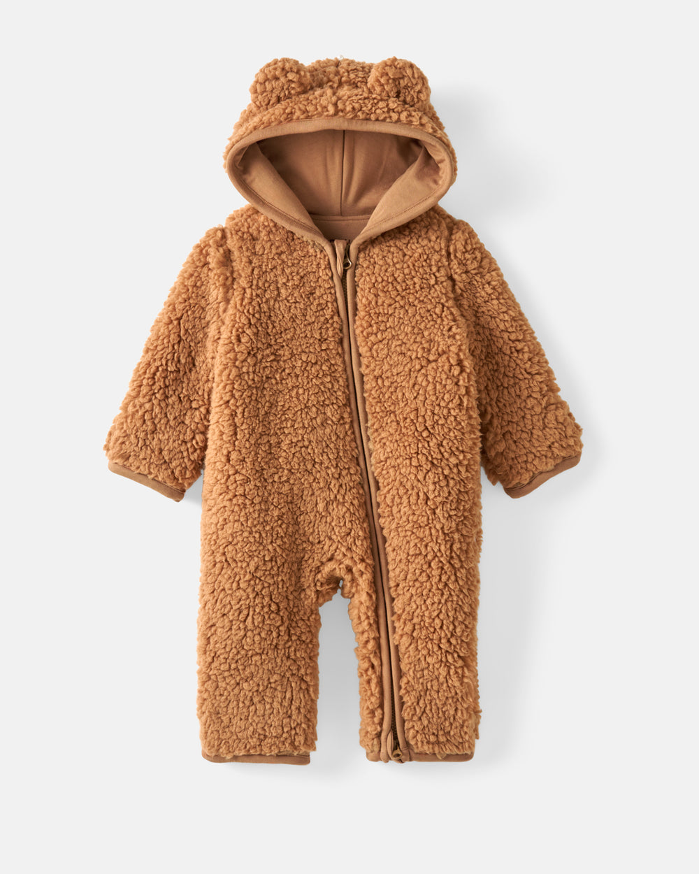 Flat lay of the Chestnut Brown Sherpa Baby Romper