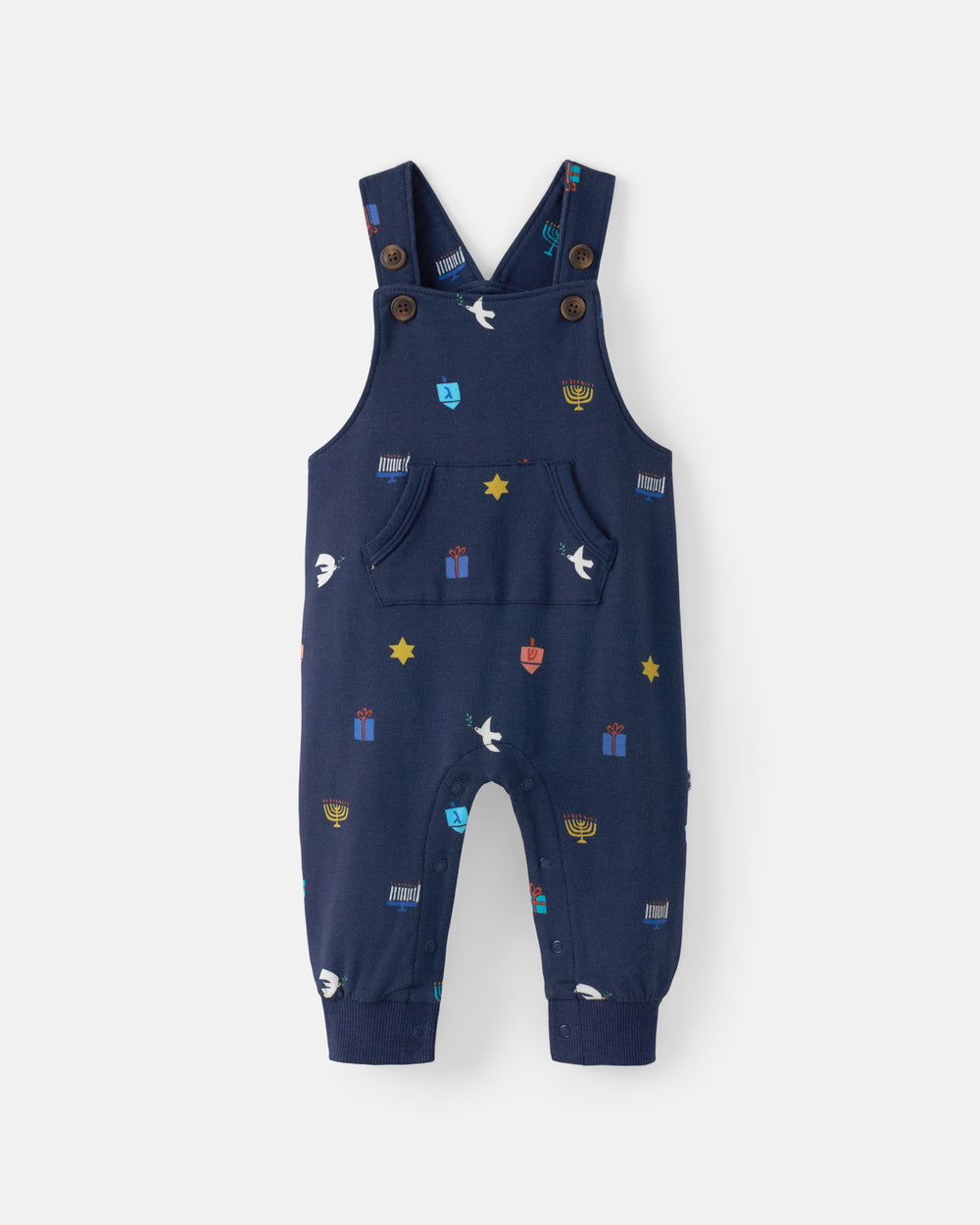 Flat lay of the Hanukkah Wishes overalls