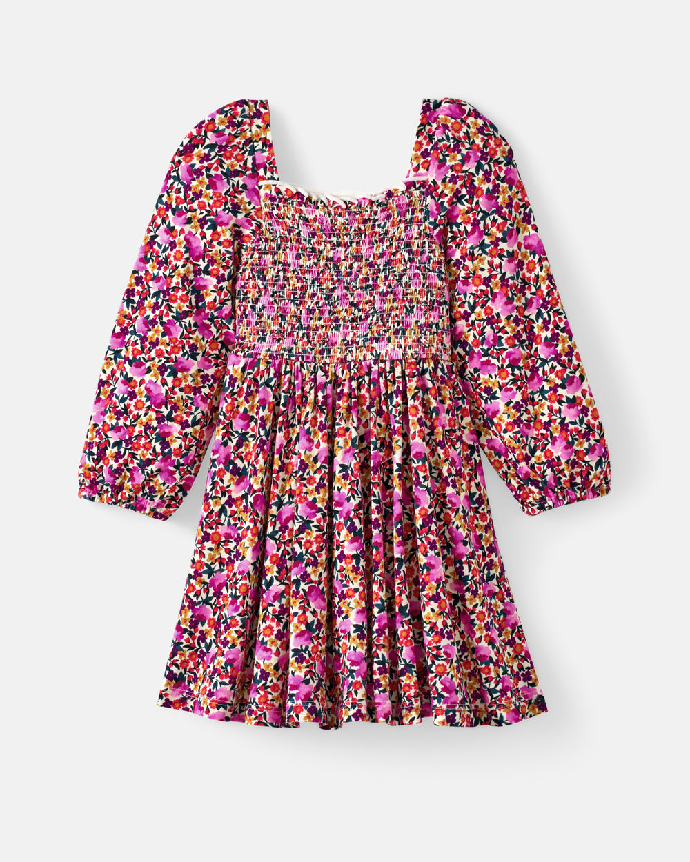 A long-sleeve puff-sleeve dress with a smocked bodice and a vibrant multicolor floral print, shown flat on a light gray background.