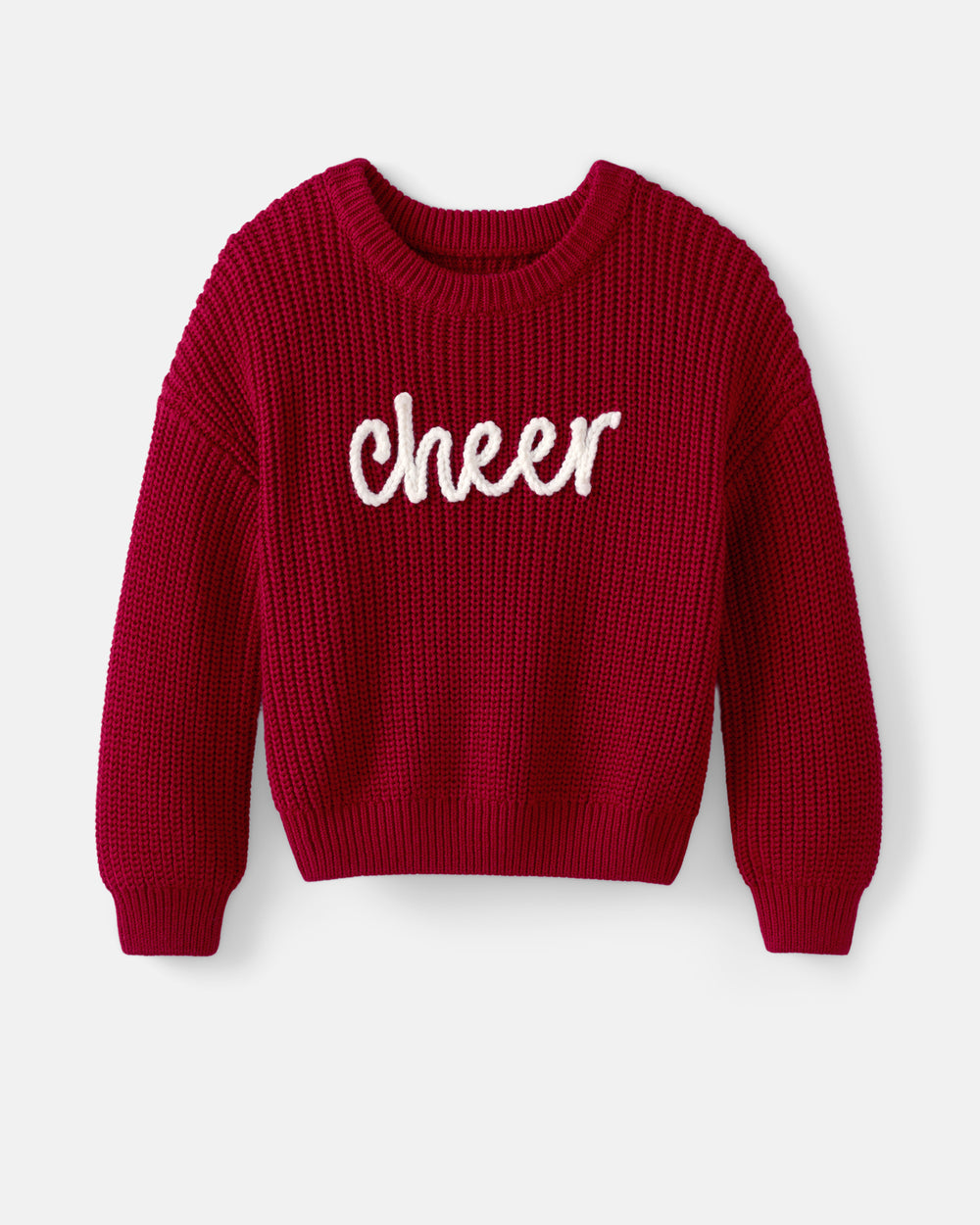 A red ribbed knit crewneck sweater with the word 'cheer' embroidered in white script across the chest, displayed on a light gray background.