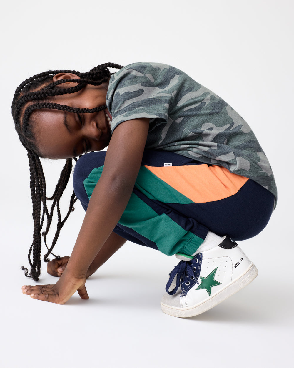 Boy wearing the Classic Navy Panel Jogger with a camo tee