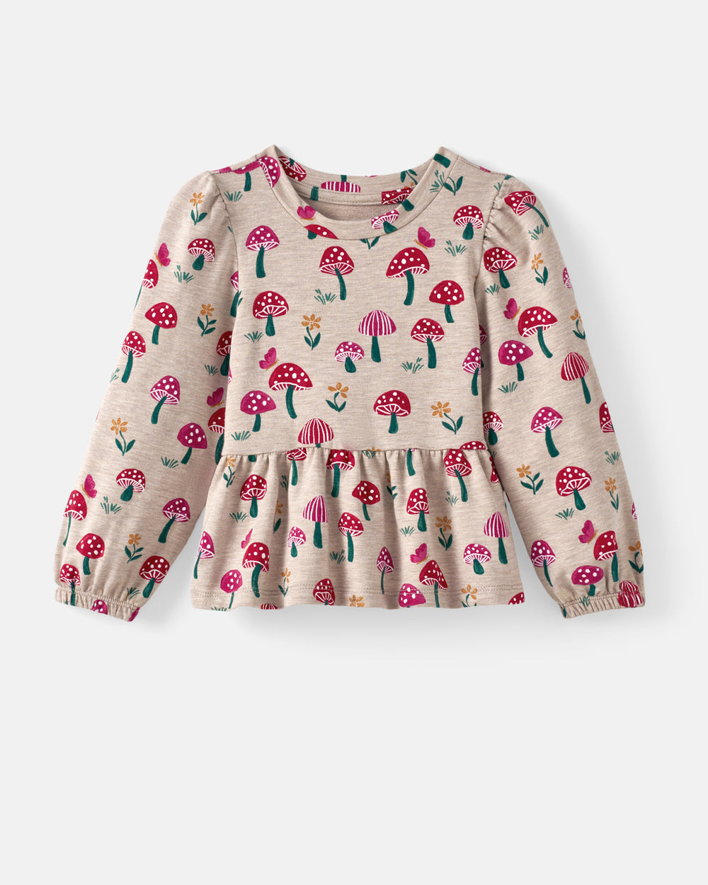 A long-sleeve baby top with a beige base and an all-over red, pink, and green mushroom print, displayed flat against a light gray background.