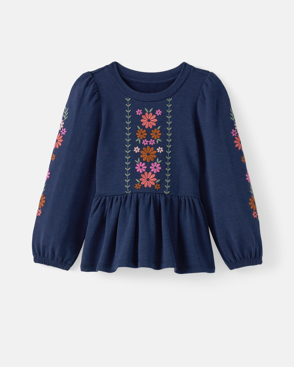 A navy blue long-sleeve top for kids, featuring colorful floral embroidery on the chest and sleeves, displayed against a light gray background.