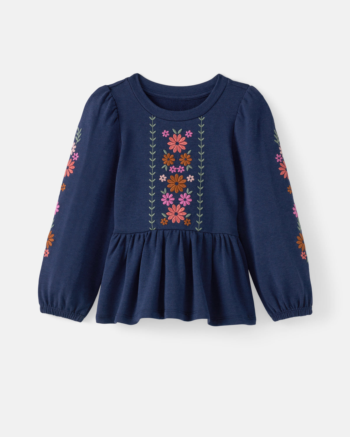 A navy blue long-sleeve top for kids, featuring colorful floral embroidery on the chest and sleeves, displayed against a light gray background.