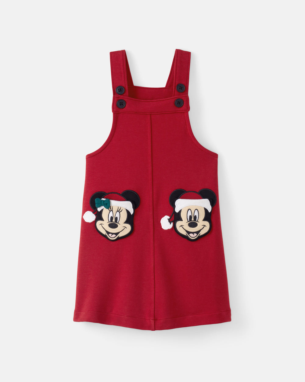 A red sleeveless children's dress with shoulder straps and front pockets, featuring embroidered cartoon faces on the pockets. The dress is photographed flat against a light gray background.